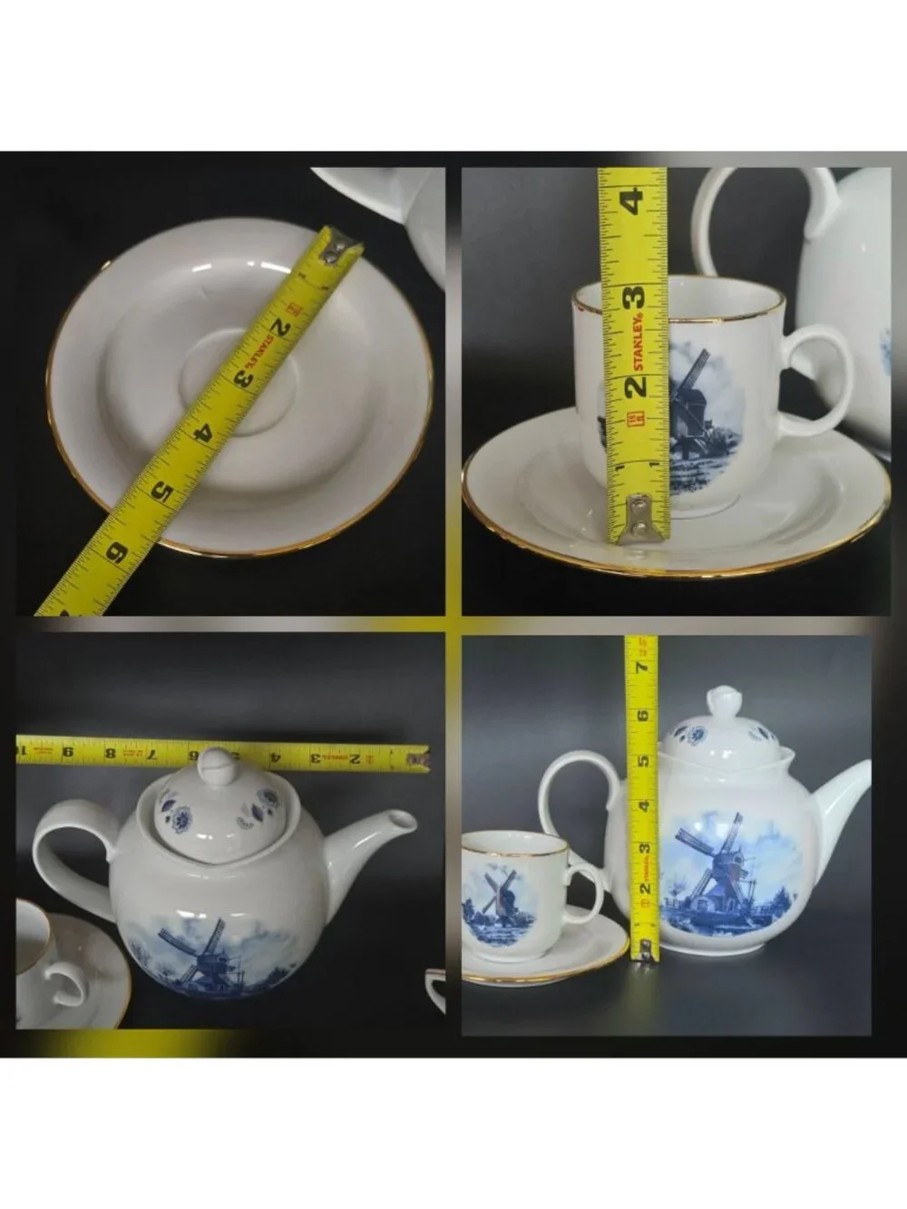 Delft Blue & White Windmill Porcelain Teapot Cup And Saucer Set With Gold Accent